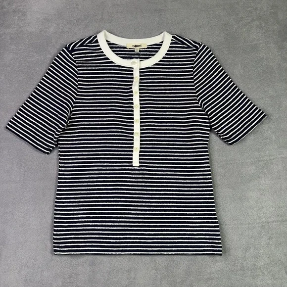 Madewell Top Womens XS Navy White Striped Henley Elbow Sleeve Cotton Knit Tee - Picture 2 of 9